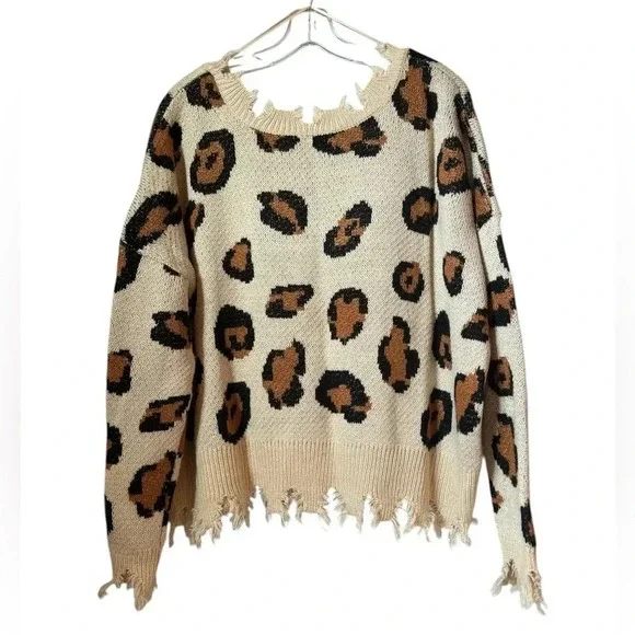 Miracle U.S.A Cream Leopard Print V-Neck Sweater - Picture 2 of 4